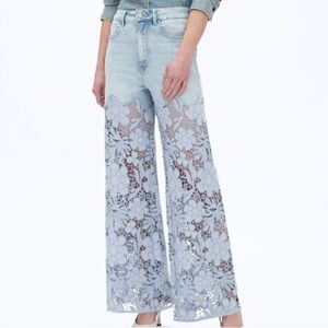 Sequined Lace Embroidered Crystal Studded Lightweight Wide Leg Jeans